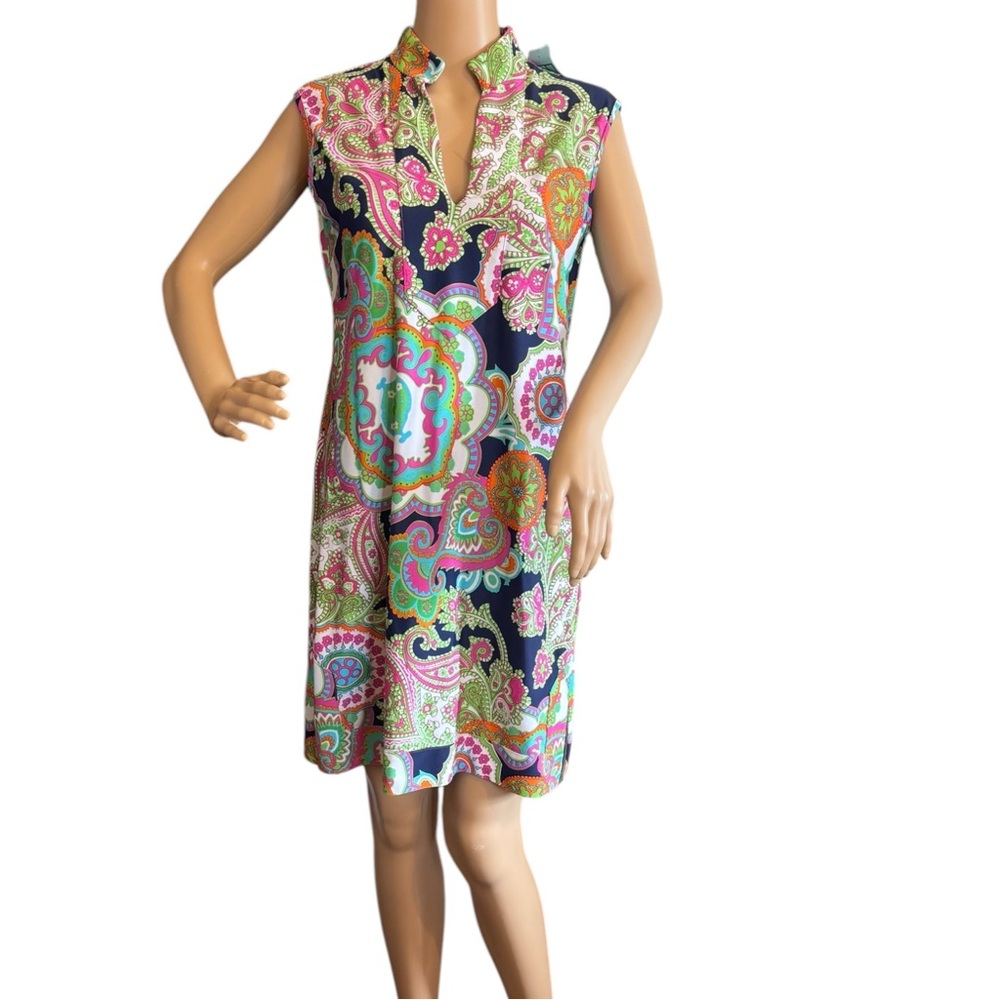 Jude Connally Dress SZ XS Vibrant Medallion Print Pink Blue Scuba feel